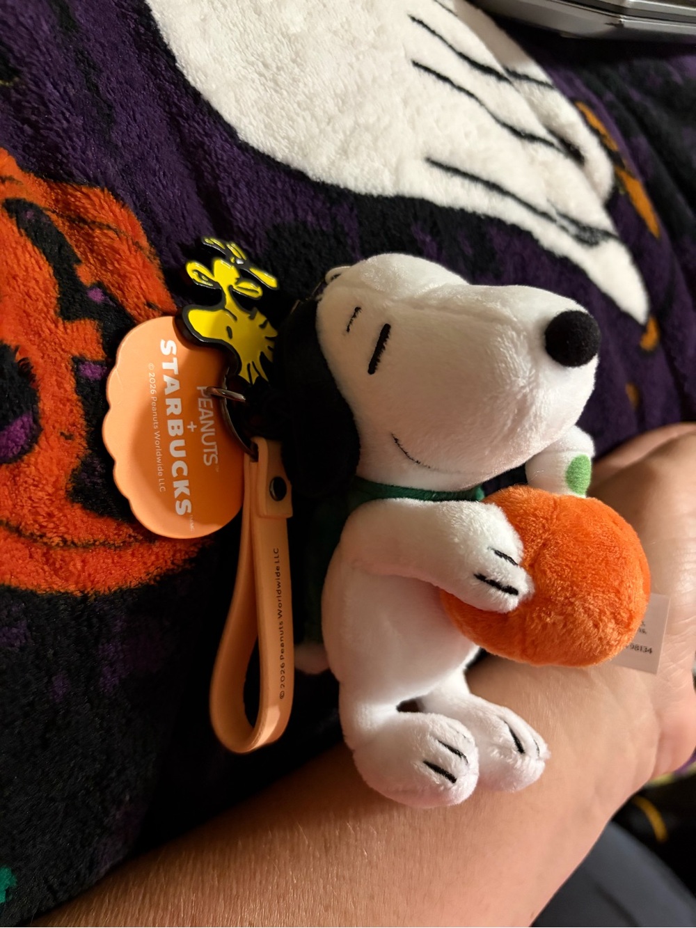 Starbucks Snoopy Plush Keychain in White with Orange Pumpkin